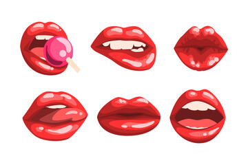 Red Glossy Lips as Girls Mouth with Lollipop and Half Open in Sensual Expression Vector Set - obrazy, fototapety, plakaty