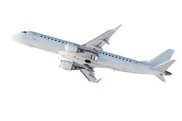 White passenger jet plane fly isolated on transparent background