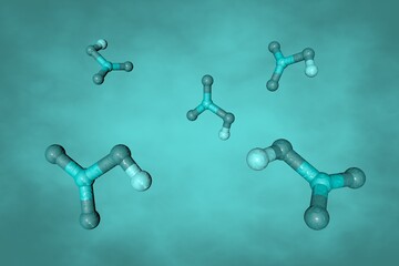 Nitric acid, a highly corrosive mineral acid. Molecular model on turquoise background. Scientific background. 3d illustration - obrazy, fototapety, plakaty