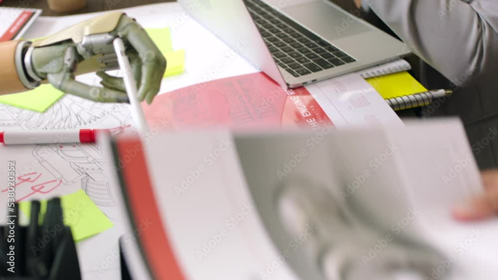 Poster Robotics, engineering team and startup business in digital 3d design meeting, collaboration and teamwork planning project development with laptop screen. Developer people hands work on cad software