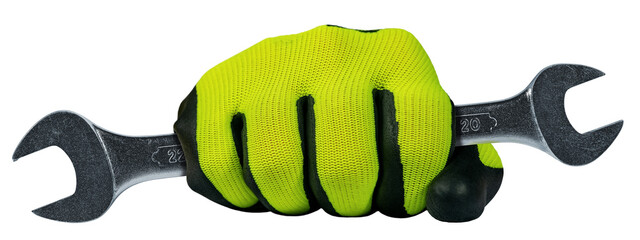 Manual worker with green and black protective work glove holding a stainless steel wrench or spanner, isolated on white or transparent background. Photography, png.