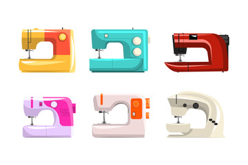 Colorful Sewing Machine as Equipment for Dressmaker and Tailoring Vector Set