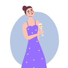 Happy young woman at celebration party. Birthday or New Year eve. Vector flat illustration, isolated on a white background