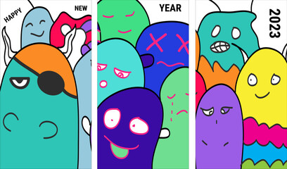 2023 Happy New Year. Kawaii doodle monster tersenyum pola mulus untuk cetakan anak, desain dan buku mewarnai. Ilustrasi vektor