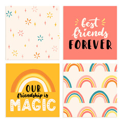 Happy Friendship Day cute hand lettering set. Best friends forever. Greeting card typography template. Modern calligraphy design elements, quotes, friend phrase.