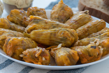 Traditional delicious Turkish - Greek cuisine, Turkish food; Stuffed zucchini flowers (Turkish name; kabak cicegi dolmasi)