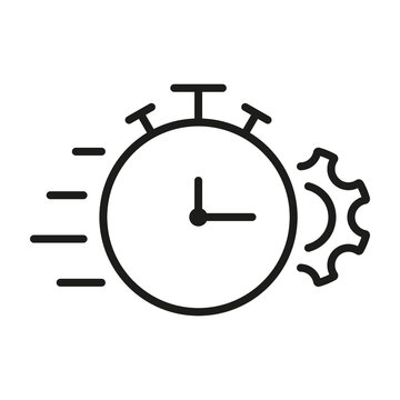 Gear and Clock Line Icon. Cog Wheel and Watch Time Deadline, Settings, Control Efficiency Concept Linear Pictogram. Optimization Process Outline Icon. Editable Stroke. Isolated Vector Illustration
