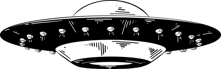 PNG engraved style illustration for posters, decoration and print. Hand drawn sketch of ufo in black isolated on white background. Detailed vintage etching style drawing.   © DELstudio