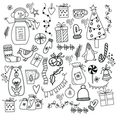 Christmas set. Design elements, children's. Cute cartoon style. New Year cards. Comfort, clothes, things, symbols, toys. Doodle style. coloring pages. clip-art advertising isolated on white background