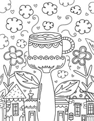 Doodle coloring page for print design. Outline illustration with flowers and houses.