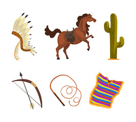 Wild West Symbols with Indian Feather Headdress, Horse, Cactus, Bow and Arrow, Lasso and Poncho Vector Set