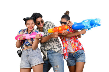 Teenager group have fun with water gun on Songkran Day
