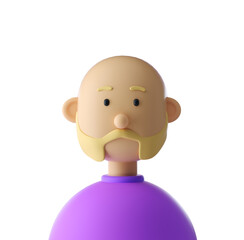 Hairless bearded man cute iconic character isolated  transparent. 3D Rendering