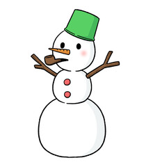 バケツをかぶり、パイプタバコをくわえる三段重ねの雪だるま