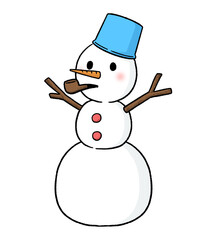 バケツをかぶり、パイプタバコをくわえる三段重ねの雪だるま