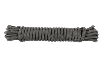 Coiled nylon rope isolated on white background. Striped nylon rope isolated. A coil of new black...