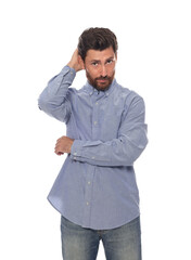 Fototapeta premium Embarrassed man in shirt on white background
