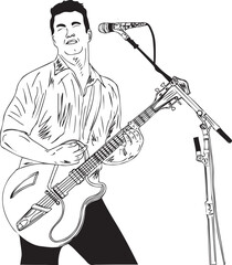 Rockstar singer holding guitar and singing images stock, Singers holding guitar and singing on microphone vector illustration, sketch drawing of Rock star celebrity on the main stage