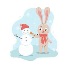 Cartoon rabbit in a scarf made a snowman, holds a carrot in his paw. Cute christmas seasonal vector illustration in flat cartoon style
