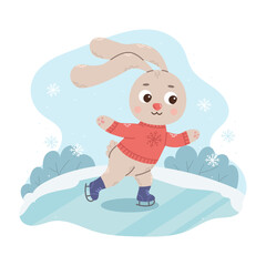 Cartoon rabbit in a red sweater skating on ice. Cute christmas seasonal vector illustration in flat cartoon style
