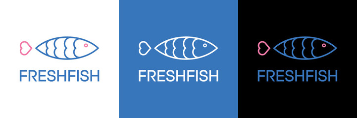 Fish logo template design, heart idea love, flat vector sign, icon, illustration. Symbol restaurant, business, store, product, company, service. Concept, fishing, ocean food, shape animal, salmon, sea