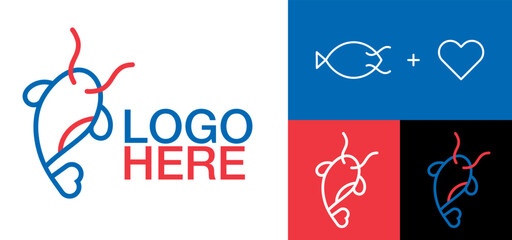 Catfish logo icon, design template, flat vector illustration, river fish, heart sign idea. Symbol restaurant, company, product, business, store. Concept love, fishing, food, shape, animal, nature, art