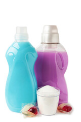 Laundry detergents with washing powder and capsules isolated on white background