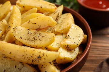 Bowl with tasty baked potato wedges and spices on wooden table, closeup