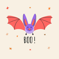 Cute bat with BOO lettering on beige background. Boo phrase with bat. Boo shirt design. Hand drawn Happy Halloween cartoon vector Illustration for Festive card, party decor, poster, banner