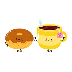 Cute happy cup of tea and donut card. Vector hand drawn doodle style cartoon character illustration icon design. Happy cup of tea and chocolate donut friends concept card