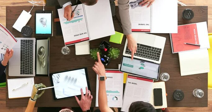 Engineer, engineering team and technology, meeting and brainstorming, strategy planning for business ideas. Analysis, product design and staff, conference table and development project top view.