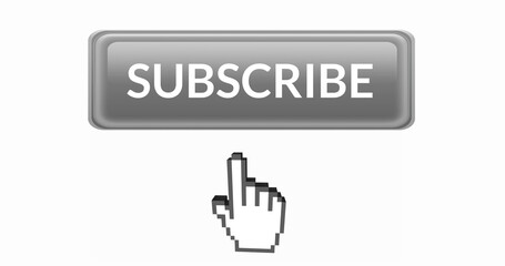 Illustration of finger pointing at subscribe text in gray box over white background, copy space