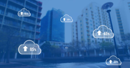 Illustration of numbers with percentage and arrow sign in clouds against low angle view of buildings