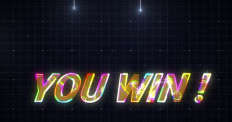 Illustration of illuminated colorful you win text with dots against grid pattern, copy space