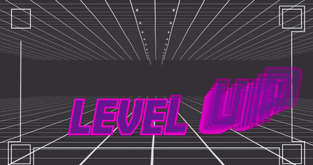 Illustration of level up text in view finder with grid pattern on gray background, copy space
