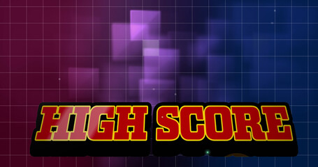 Illustration of high score text with grid pattern over square shapes, copy space