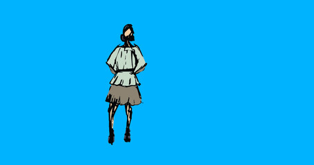 Illustration of woman with hands on hip standing against blue background, copy space