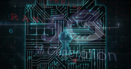 Illustration of 5g, 5th generation text, circuit board patterned padlock against digits and letters
