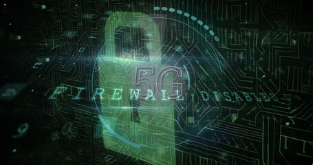 Illustration of firewall disable, 5g text over padlock against circuit board patterned background