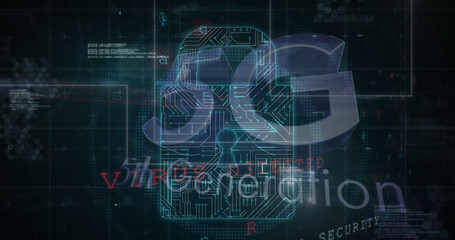 Illustration of 5g and 5th generation text over circuit board patterned padlock and database