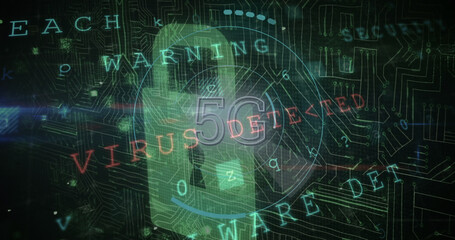 Illustration of 5g and multiple texts over padlock against circuit board patterned background
