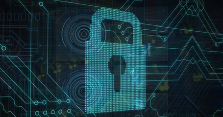 Composite of dots forming padlock, circle and circuit board pattern over motherboard