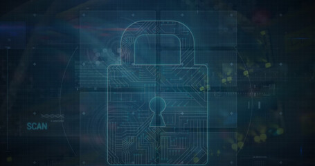 Illustration of padlock with circuit board pattern over programming language and geometric shapes