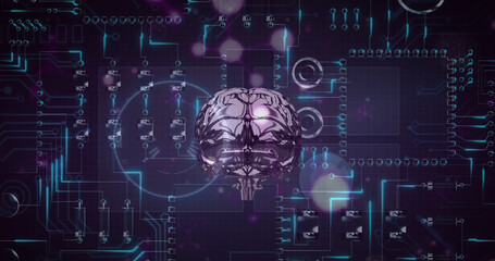 Illustration of graphical human brain with circles over circuit board patterned background