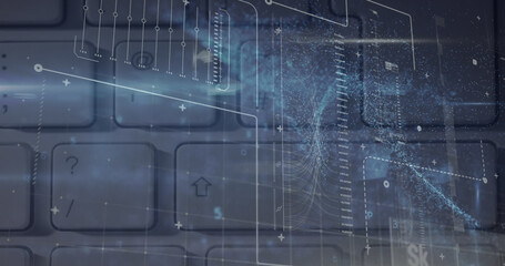 Composite of connected dots forming abstract pattern over computer keyboard, copy space
