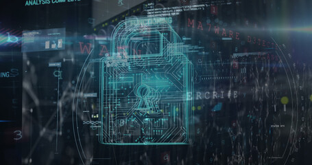 Composite of programming language and padlock over network server room