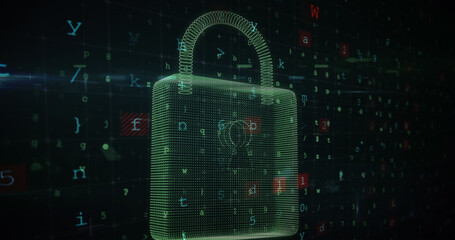 Illustration of padlock with letters, symbols and number against grid background