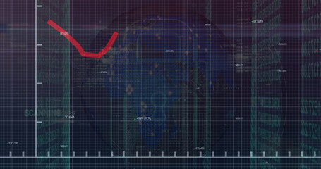 Illustration of red line graph with padlock on globe and binary codes against grid pattern