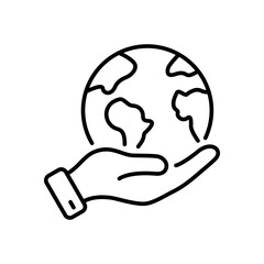 Human Environmental Protection Line Icon. World Environment Conservation Linear Pictogram. Hand Holding Earth Planet Outline Icon. Save Global Nature. Editable Stroke. Isolated Vector Illustration