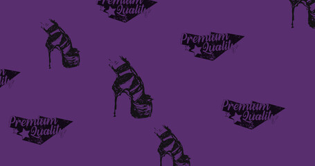 Illustration of premium quality text with high heel shoes over purple background, copy space